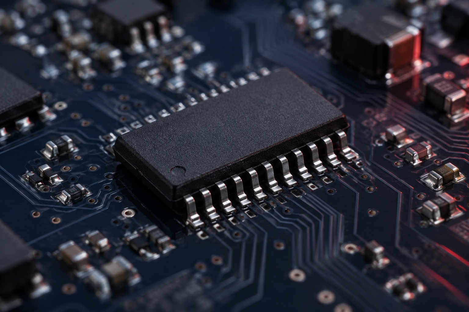 Close-up of an integrated circuit and its silver leads on a dark circuit board